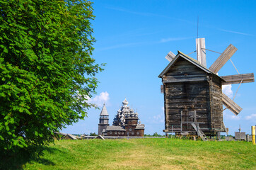 Kizhi, Karelia, Russia - July, 2021: Windmill Bikanina from Volkostrov Island