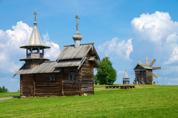 Kizhi, Karelia, Russia - July, 2021: Chapel of the Archangel Michael XVII-XVIII centuries from the village of Lelikozero