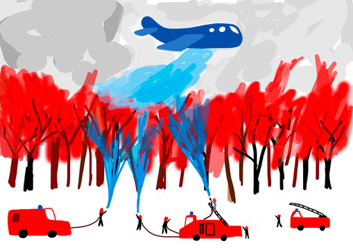 Child's drawing of a fire brigade operation at a forest fire