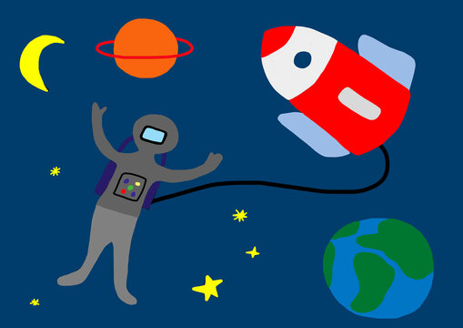 Child's drawing of astronaut with rocket in space