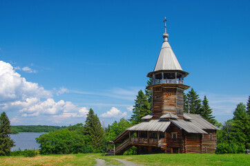 Kizhi, Karelia, Russia - July, 2021: Chapel of the Three Saints from the village of Kavgora