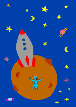 Child's drawing of astronaut with rocket in space