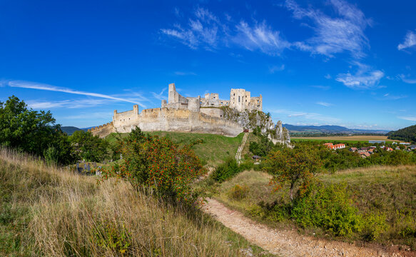 Slovakia, Nove Mesto nad Vahom District, Beckov, Countryside footpath toward ruins of Beckov Castle