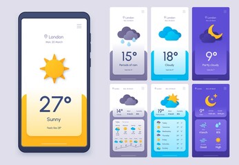Daily weather forecast phone app in 3d paper cut style. Climate and atmosphere widget template for smartphone. Meteo condition ui vector set - obrazy, fototapety, plakaty