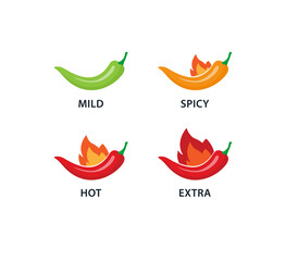 Obraz premium Spicy chili pepper hot fire labels. Spicy food level icons, mild, medium and extra hot.