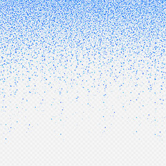 Vector illustration of festive backdrop. Falling shiny particles isolated on dark transparent background. Blue confetti glitters. Sparkling texture. Birthday, holiday decorative element for Design.