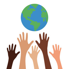Planet Earth. Colored hands. Earth Day concept. Protection, help, community. Flat vector illustration.