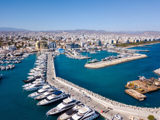 Fototapeta na wymiar Aerial panoramic view of marina port with yachts and sailboats in Mediterranean sea