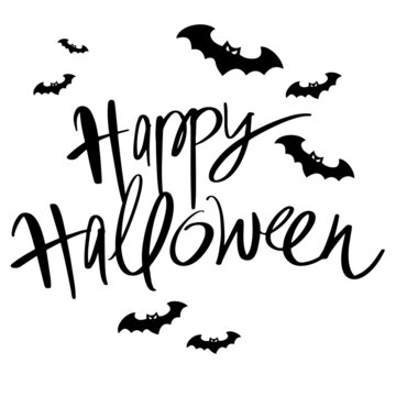 Happy Halloween lettering. Handwritten calligraphy with flying bats in the background. 
