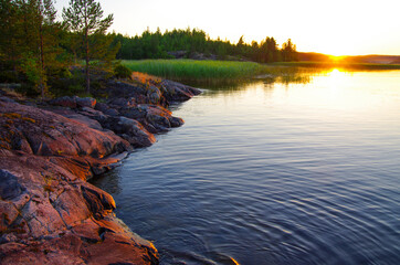 Sunset on Lake Ladoga. Ladoga Skerries, Karelia, Russia