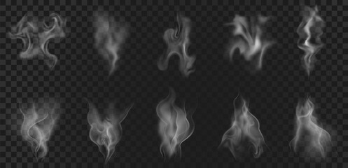 Realistic hot coffee steam, food vapor or smoke effect. Abstract aroma waves, tea vapour, fog swirls, mist flow and haze elements vector set © Tartila