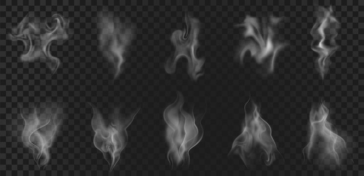 Realistic hot coffee steam, food vapor or smoke effect. Abstract aroma waves, tea vapour, fog swirls, mist flow and haze elements vector set