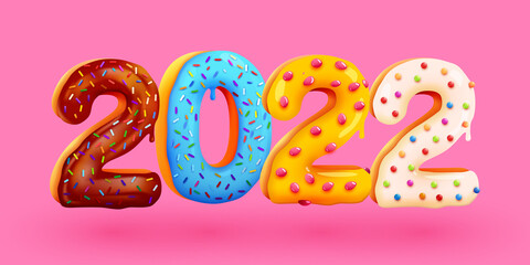 Fototapeta premium Tasty Greeting Card Happy New Year 2022. Colorful glazed Sweet numbers. Greeting Card, Banner, Poster.