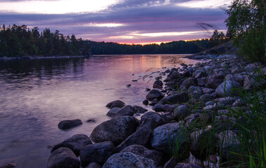 Sunset on Lake Ladoga. Ladoga Skerries, Karelia, Russia