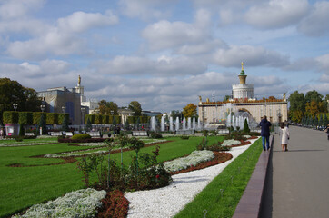 Fototapeta na wymiar Moscow, Russia - September, 2021: VDNKh territory on a sunny autumn day