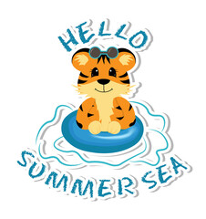 Sticker with symbol of the 2022 year. Cute little tiger swimming in the sea. Colorful summer design for social media communication, networking, website badges, greeting cards.