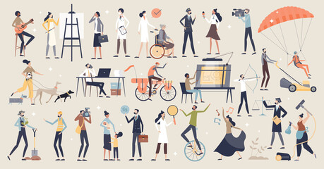 Occupations and professional work and job choice items tiny person concept. Various employees from medical nurse and doctor to pilot and architect vector illustration. Labor variety in mini scenes. - obrazy, fototapety, plakaty