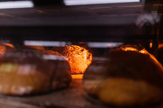 Close-up of baked bread in oven