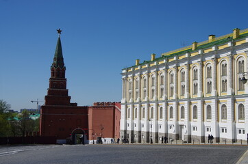 Naklejka premium Moscow, Russia - May, 2021: Moscow kremlin in sunny spring day. Grand Kremlin Palace