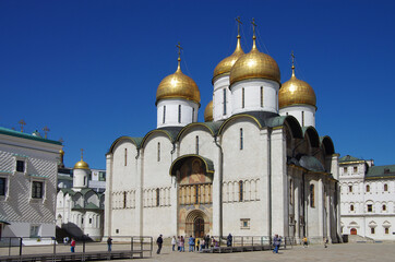 Fototapeta na wymiar Moscow, Russia - May, 2021: Moscow kremlin inside in sunny spring day. Sobornaya Square and the Assumption Cathedral