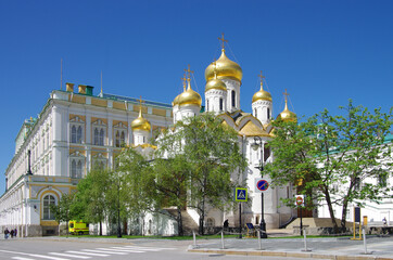 Fototapeta na wymiar Moscow, Russia - May, 2021: Moscow kremlin inside in sunny spring day. Cathedral of the Annunciation