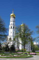 Fototapeta na wymiar Moscow, Russia - May, 2021: Moscow kremlin inside in sunny spring day. Ivan the Great belltower
