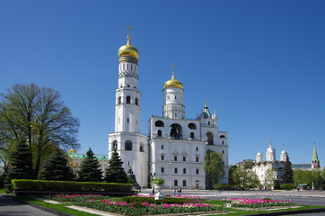 Moscow, Russia - May, 2021: Moscow kremlin inside in sunny spring day. Ivan the Great belltower