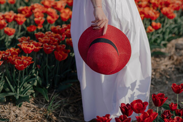 Crop view of woman in a tulip field holding red straw hat