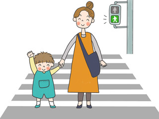 親子で横断歩道を渡るイラスト