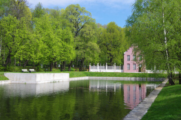 MOSCOW, RUSSIA - May, 2021: Kuskovo estate of the Sheremetev family in spring day