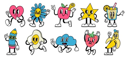 Trendy abstract cartoon characters in retro animation style. Bright comic heart, star, apple and pencil mascots with funny faces vector set