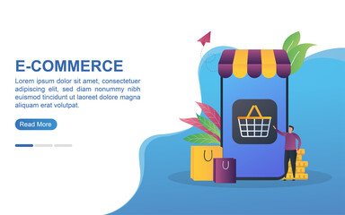 Illustration concept of e-commerce with the person pressing the shopping button.