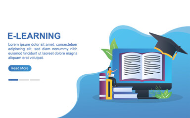 Illustration concept of e-learning with people reading books that are on the computer.