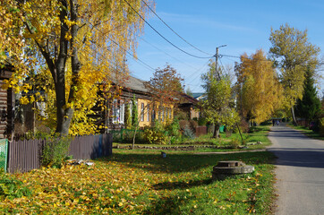 Pereyaslavl-Zalessky, Yaroslavl Oblast, Russia - October, 2021: The street in Pereslavl-Zalessky in sunny autumn day