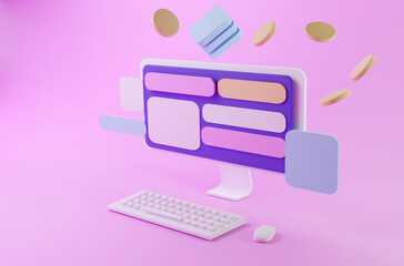 Abstract computer and hardware device displaying various commodities trading information online currency exchange rate isolated pastel minimalist background. 3D rendering.