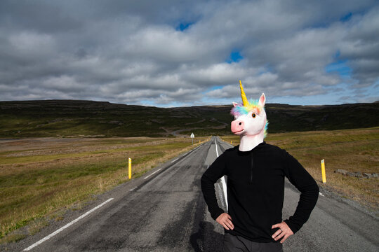 Man wearing unicorn face mask standing on highway