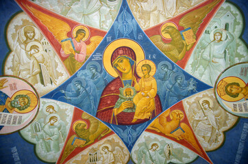 Yaroslavl, Russia - May, 2021: Vvedenskiy Tolga Convent - the convent of the Yaroslavl diocese. Icons on the wall