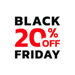Black Friday sale icon, label or tag with 20 percent price off. Modern discount card or promotion banner design element. Vector illustration.