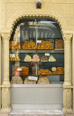 Monastir, Tunisia, Africa - August, 2012: Pastry shop window with bagels and sweets in the medina...