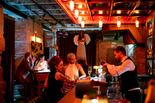 Women standing at bar counter with friends sitting in background at pub