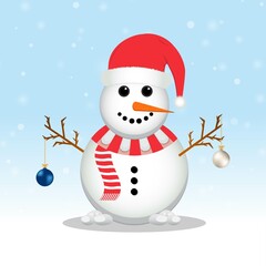 Christmas Snowman with a Santa hat. Snow falling background. A Snowman with decoration balls. Christmas element design with blue and white decoration balls, a Santa hat, carrot nose, and snowballs.