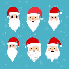Christmas Santa faces element with cute eyes. Santa faces collection on a snow falling background. Christmas Santa Claus face sticker collection with beard, mustache, and winter hats.
