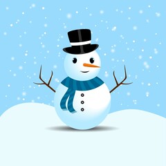 Christmas snowman with cute eyes and a magician hat. A cute snowman on a snow falling background. Christmas snowman design with tree branches, buttons, a carrot nose, neck scarf, and smiling face.