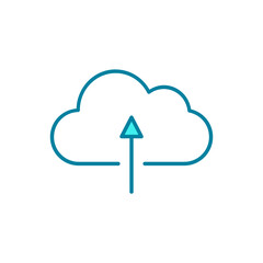 Cloud with up arrow sign. Online backup data. Cloud upload line icon. Server hosting services. Cloud storage idea. Infrastructure as a service IaaS. Blue outline. Vector illustration, flat, clip art.