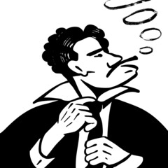 Gentleman unties his tie smoking a cigarette. Character from classical literature. Mafia man, spy, gangster silhouette. Hand drawn black and white vector illustration.