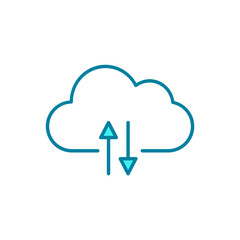Download or upload file on cloud. Cloud computing with two arrows. Cloud synchronization icon. Computer file transfer. Backup documents. Electronic data sharing. Vector illustration, flat, clip art.