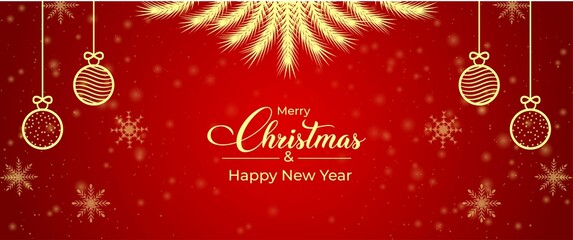 Naklejka premium Christmas social media banner with balls and pine branches. Christmas red and golden banner element. Christmas social media banner with golden elements on a red background. Xmas card, Xmas banner.