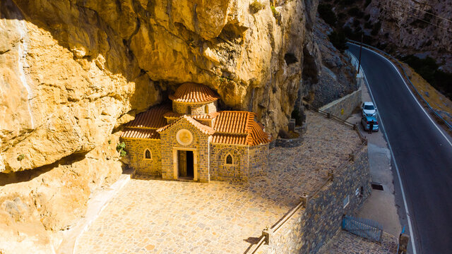 Picturesque belfry of the old orthodox church of Saint Nicholas the Wonderworker, built in the rock.Crete island. Greece.Europe.