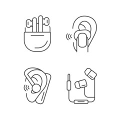 Compact in ear earphones linear icons set. Small earpieces for listening music and for calls. Customizable thin line contour symbols. Isolated vector outline illustrations. Editable stroke
