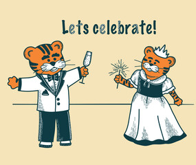 Cheerful tigers,christmas party,  simbol 2022 year. Celebrating tigers with champagne and suits. Doddle hand drawn style. Vector illustration